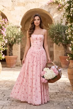 Pink Floral Spaghetti Strap Maxi Dress For Women