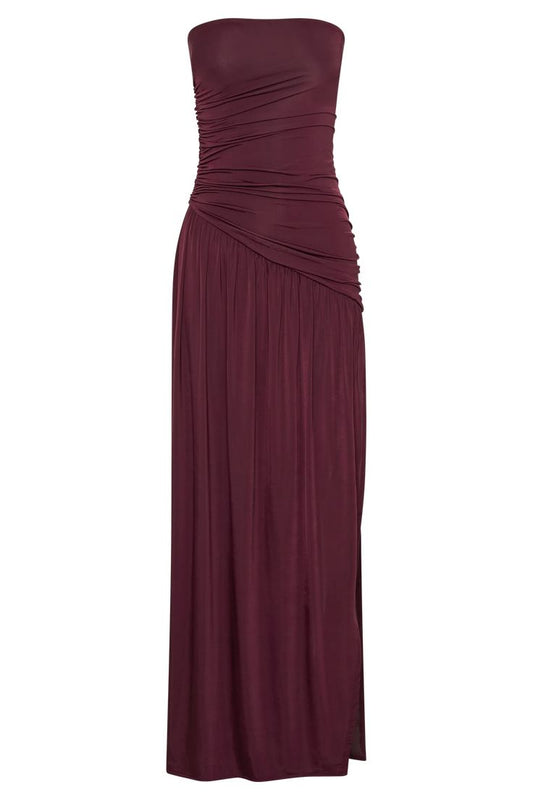 Bex Strapless Slinky Maxi Dress With Split Burgundy