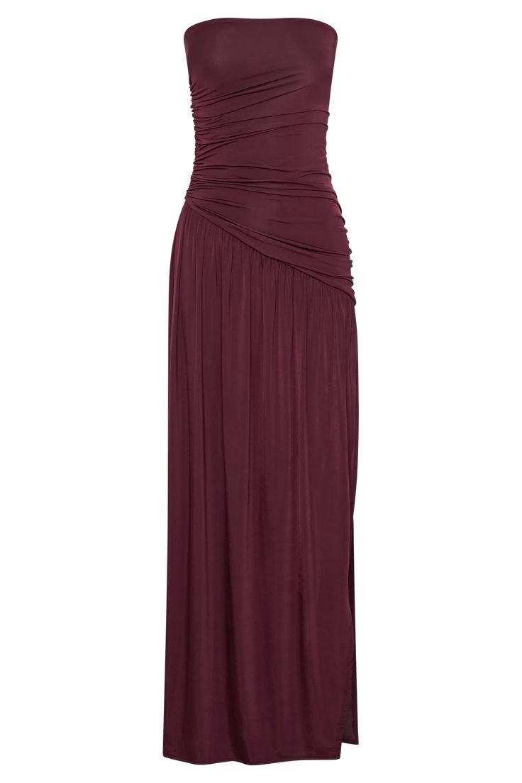 Bex Strapless Slinky Maxi Dress With Split Burgundy