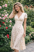 Cream Floral Midi Dress, Vintage Inspired V Neck Summer A Line