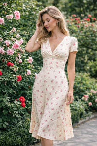 Cream Floral Midi Dress, Vintage Inspired V Neck Summer A Line