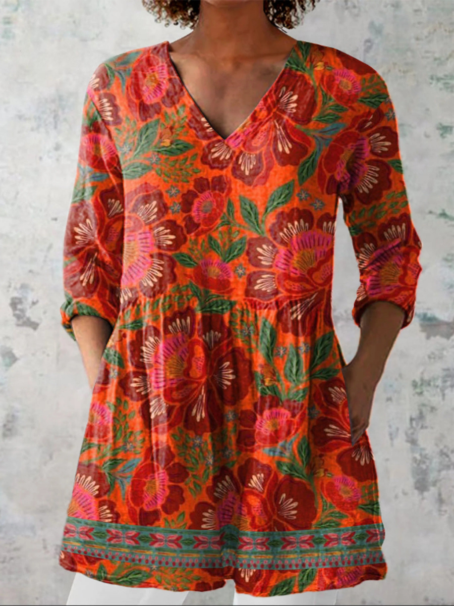 Vespera - Long Blouse with V-Neck