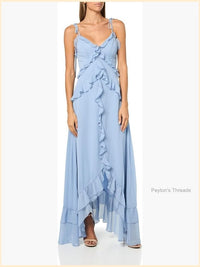 Ruffled High Low Maxi Dress Gauzy Tie Strap Wedding Guest Gown Color: