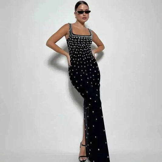 Black Skyblue Women Sleeveless Sexy O Neck Shinning Crystal Bodycon Ba