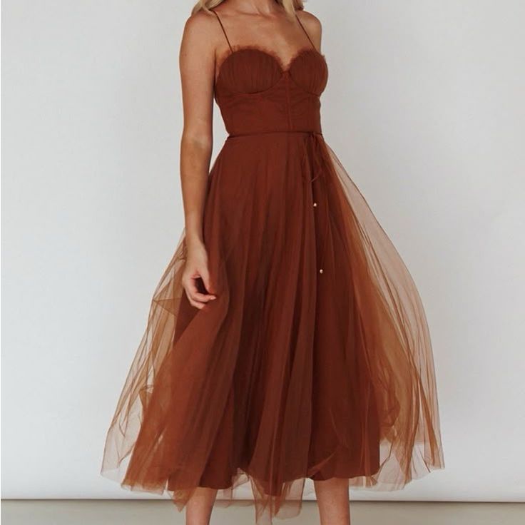 Selfie Leslie Dress Burnt Orange Brown Midi Chiffon Dress With
