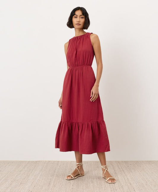 Organic Coastal Double Gauze Tiered Midi Dress By Pact In Poppy Red