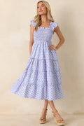 Prosperina Felicity Blue Gingham Embroidered Midi Dress