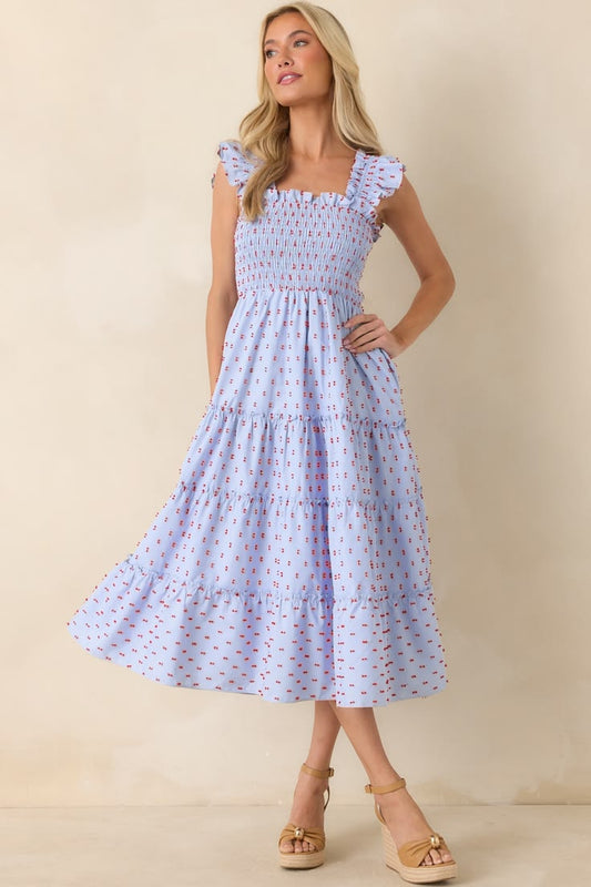 Prosperina Felicity Blue Gingham Embroidered Midi Dress