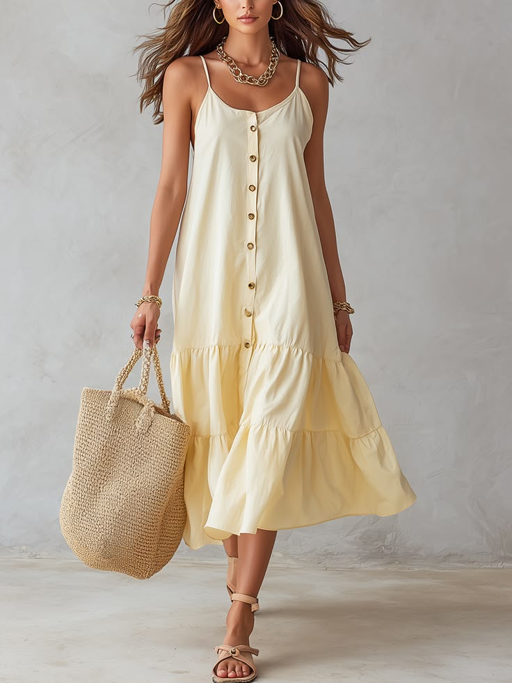 Minimal Button Front Midi Dress Yellow 3Xl
