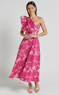 Alfreda Midi Dress One Shoulder Ruffle Detail Brailey Jacquard Dress
