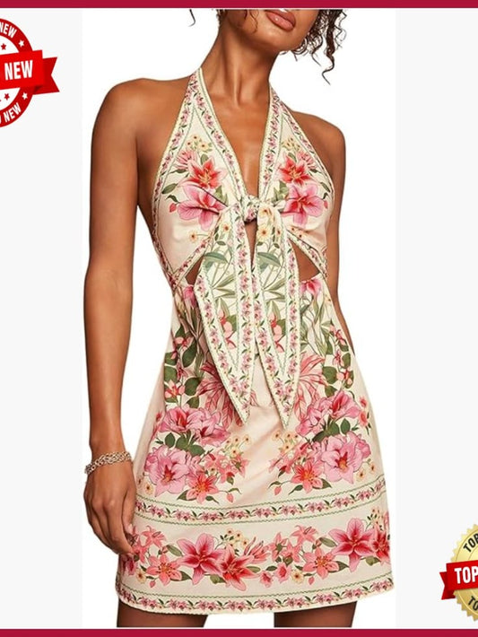 Floral Backless Halter Dress Knot Front Cut Out Sleeveless Mini Summer