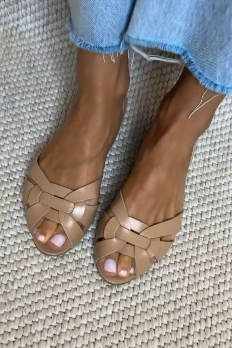 Antonella – Woven Faux Leather Peep-Toe Ballet Flats with Cross Straps