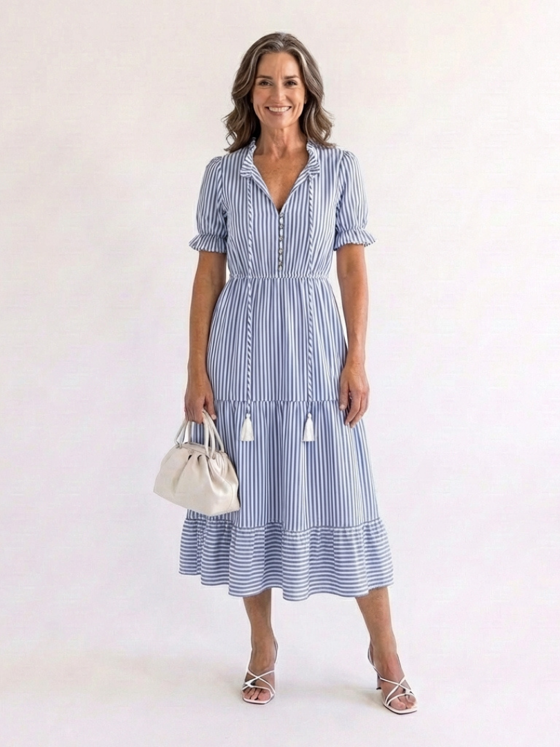 Verity – Short Sleeve Striped Tiered Midi Dress