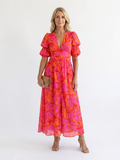 Robyn – Floral V-Neck Midi Dress with Puff Sleeves