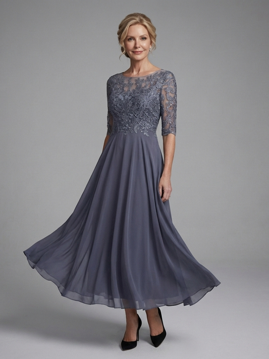 Birdie - Midi Dress with Lace Body and Sheer Sleeves