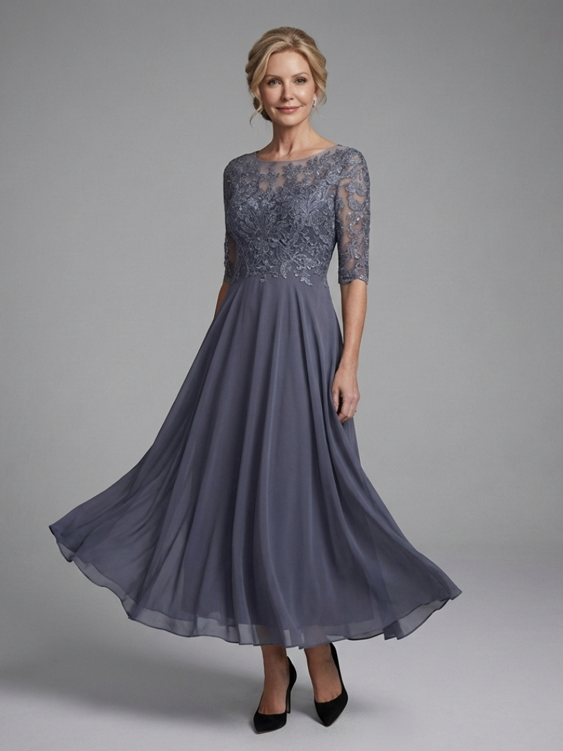 Birdie - Midi Dress with Lace Body and Sheer Sleeves