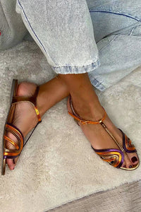 Constance – Multicolour and Gold Buckle T-Bar Peep-Toe Sandals