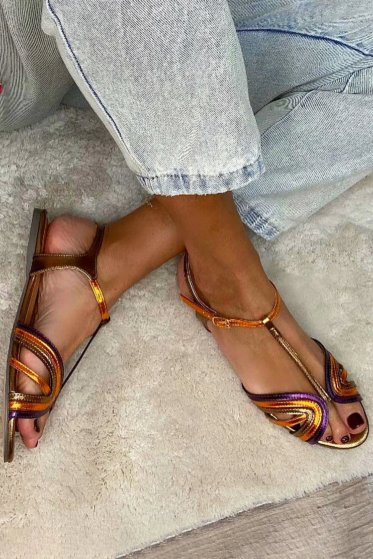 Constance – Multicolour and Gold Buckle T-Bar Peep-Toe Sandals