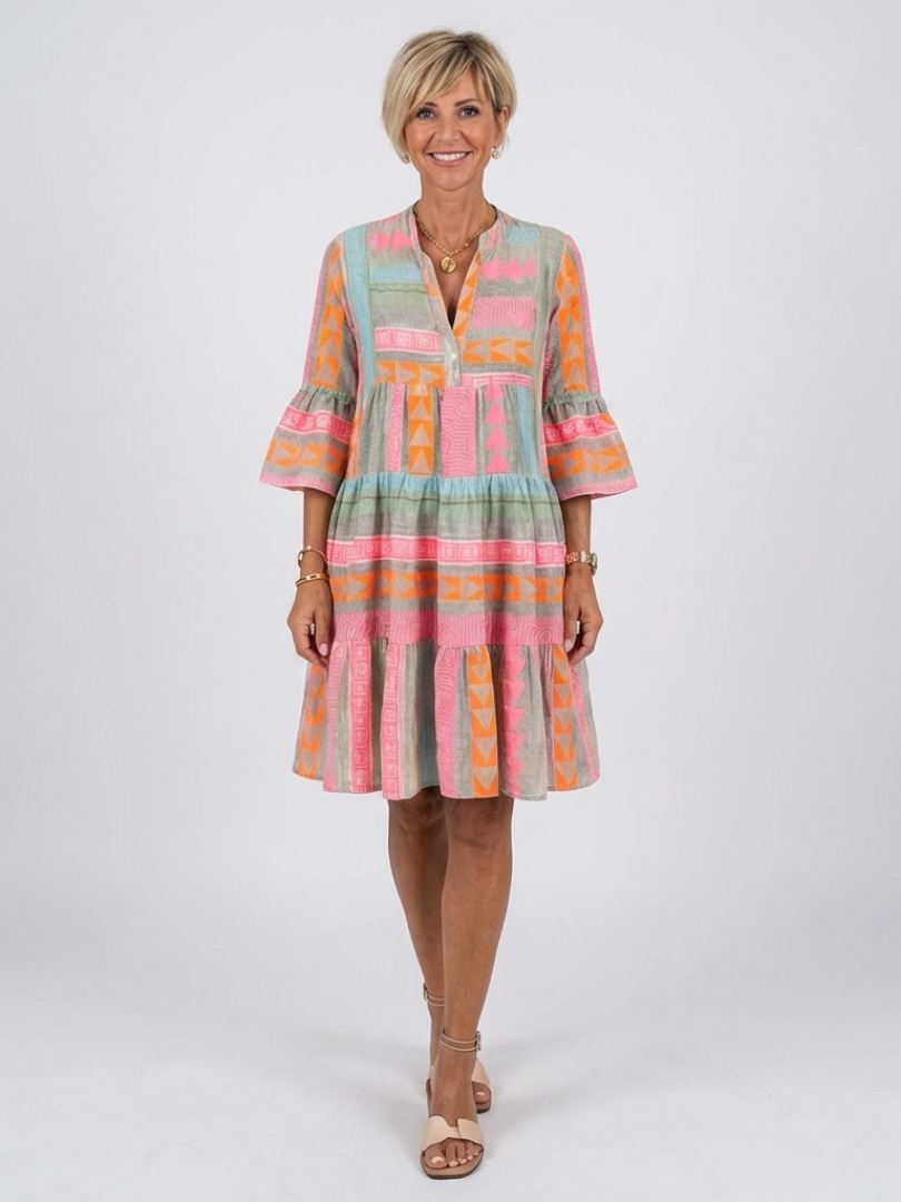 Tilly – Geometric Print V-Neck Tiered Knee-Length Dress