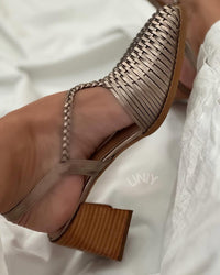 Henrietta – Champagne Metallic Woven Strappy Block Heels