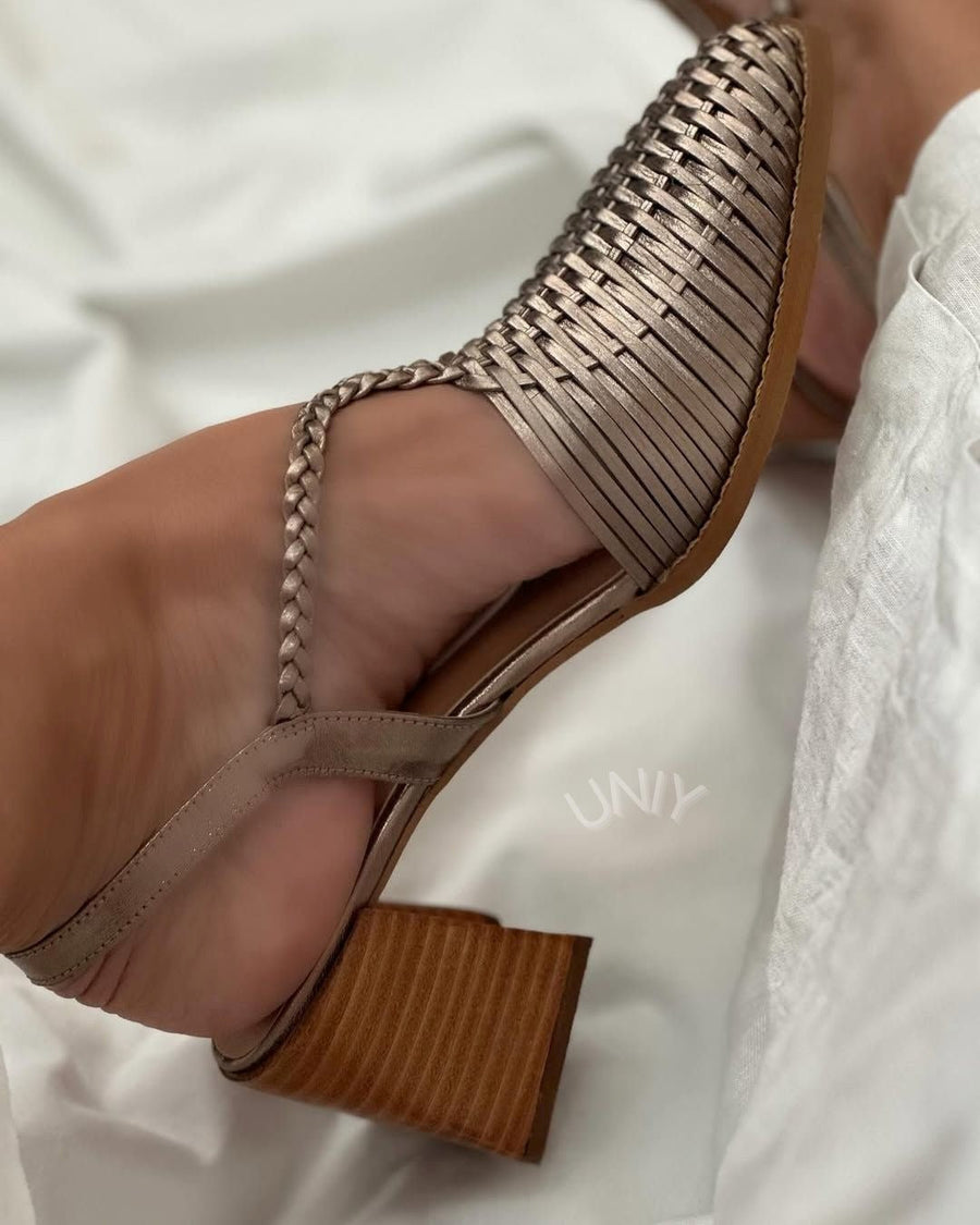 Henrietta – Champagne Metallic Woven Strappy Block Heels