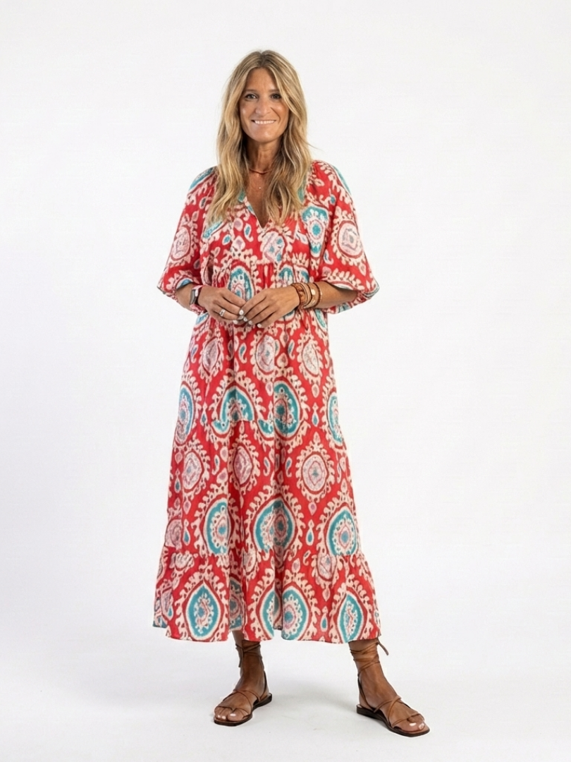 Bella – Paisley Print V-Neck Short Sleeve Midi Dress