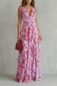 Bella - Romantic Rose Halter Maxi Dress
