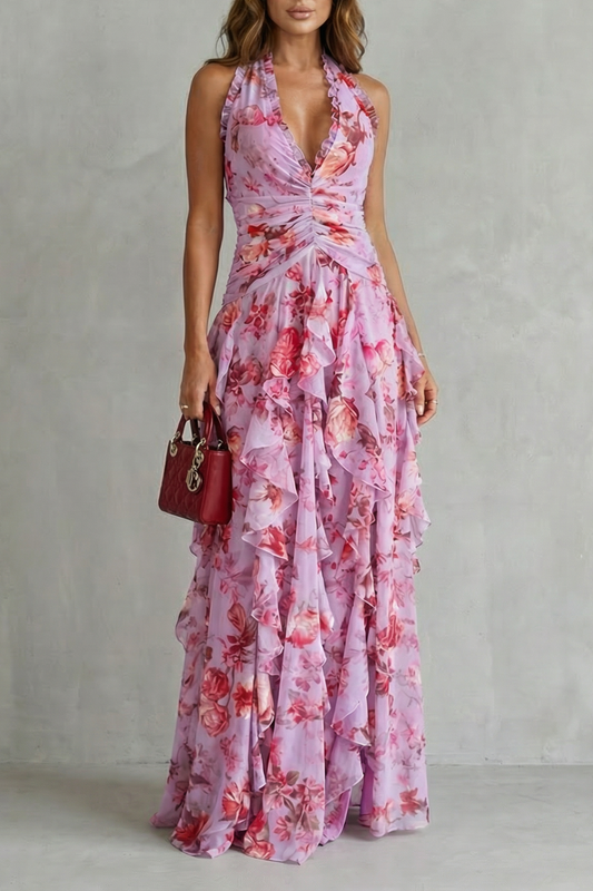 Bella - Romantic Rose Halter Maxi Dress – Pink