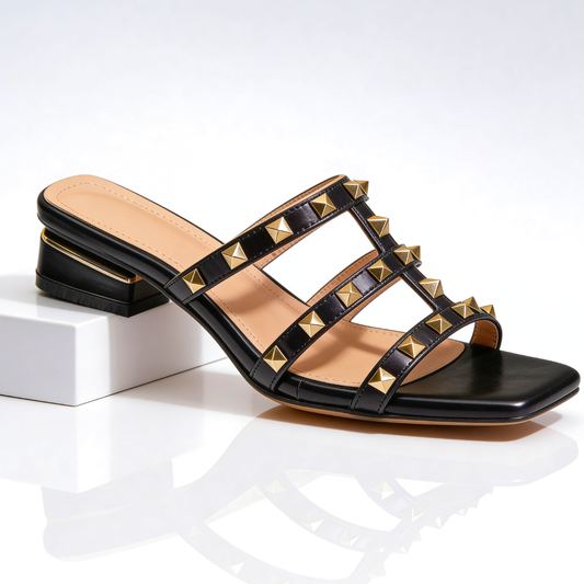 Oriana - Studded Leather Mule with Square Toe – Black