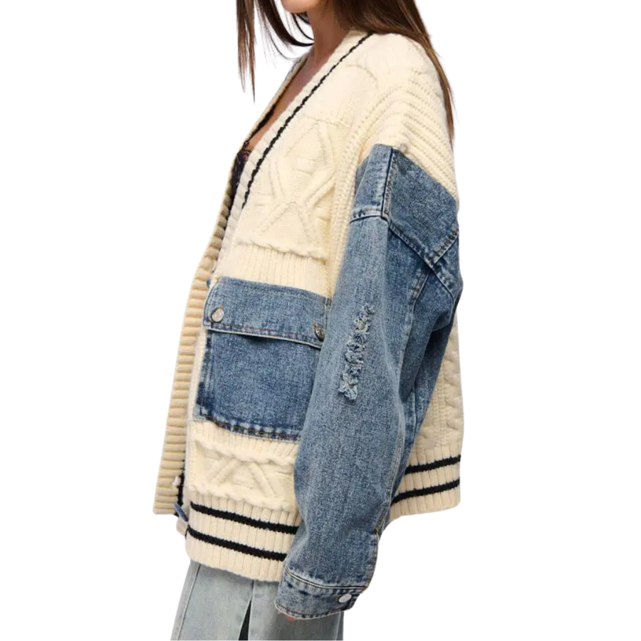 Nairi - Relaxed Denim Patchwork Knit Cardigan