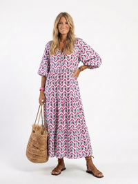 Clementine – Geometric Print Long Sleeve Tiered Midi Dress