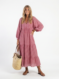 Alfiea – Geometric Print Long Sleeve Midi Dress