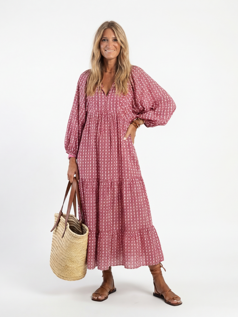 Alfiea – Geometric Print Long Sleeve Midi Dress