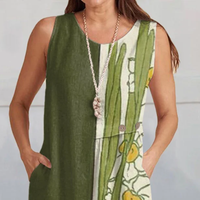 Maya - Vintage Abstract Cotton Linen Sleeveless Wrap Dress with Side Pockets