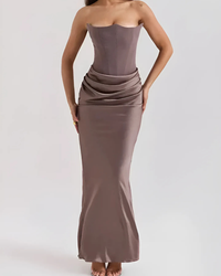 Claire | Womens Wedding Guest Draped Maxi Dress Brown