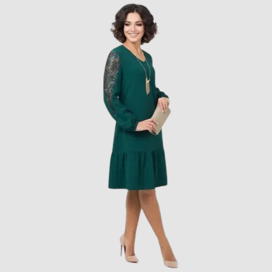 Lowri Quinn | Lace-Sleeve Midi Dress Dark Green