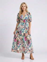 Imogen – V-Neck Short Sleeve Gathered Waist Midi Dress