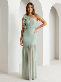 Sage Green One Shoulder Maxi Dress Prom Dress with 3D Flower