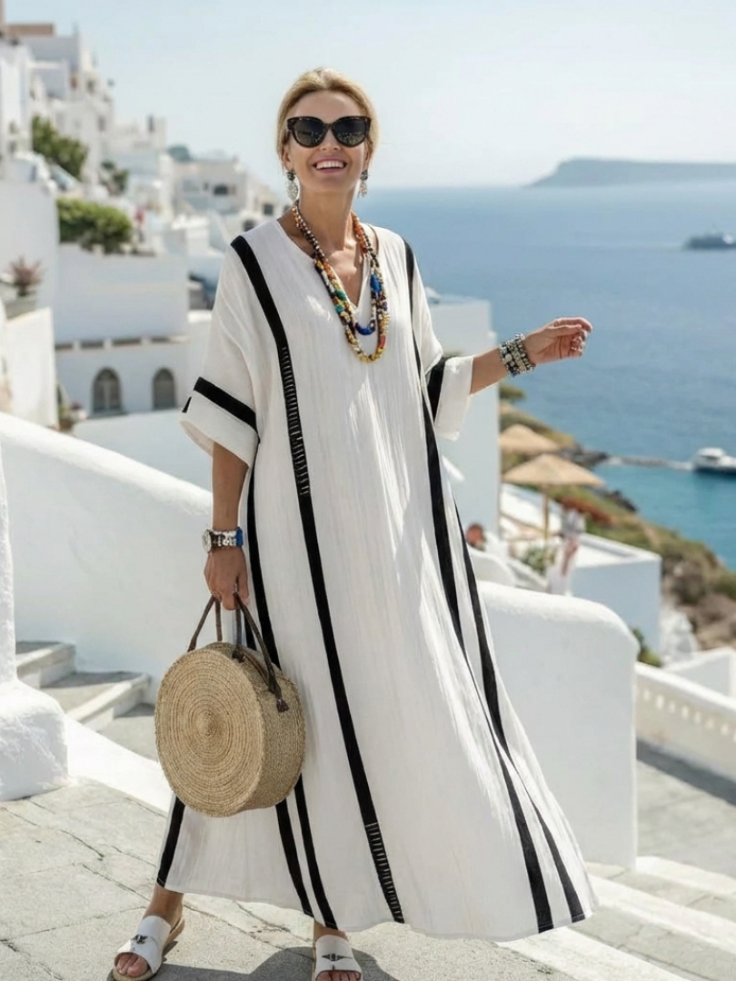 Vesper - Short Sleeve Color Block Striped Maxi Dress