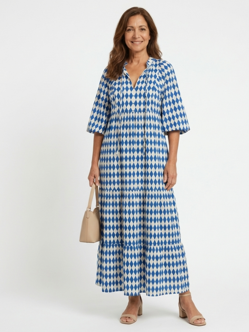 Mabel – Diamond Pattern Tiered Midi Dress
