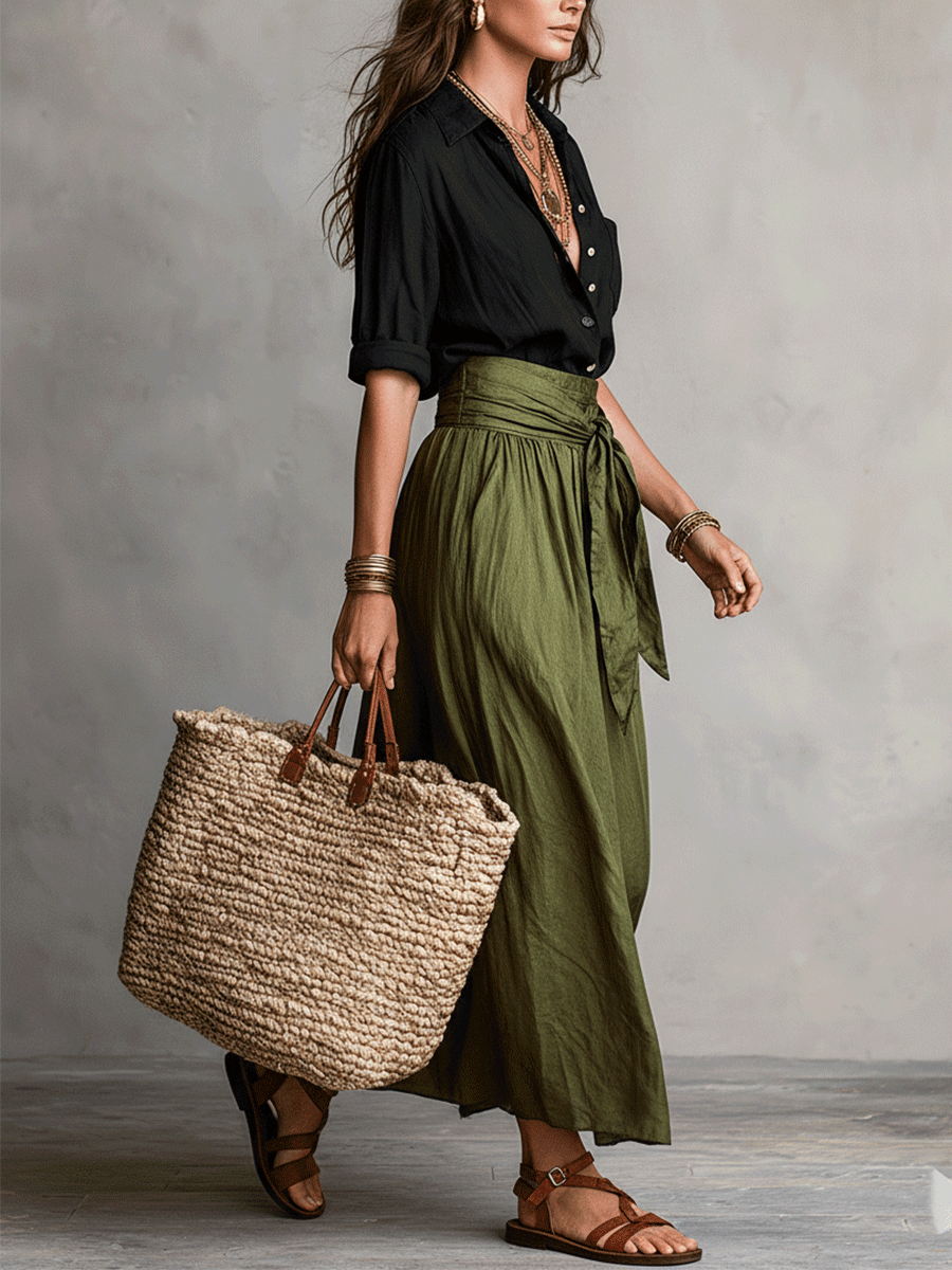 Aeris - Elegant Boho Blouse and Satin Skirt Set