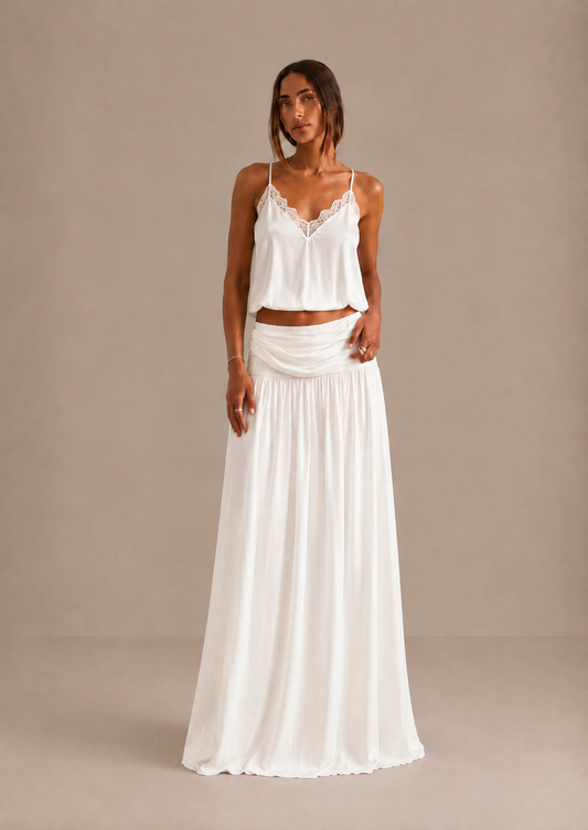 Juliette - Ruched Low-Rise Maxi Skirt – White