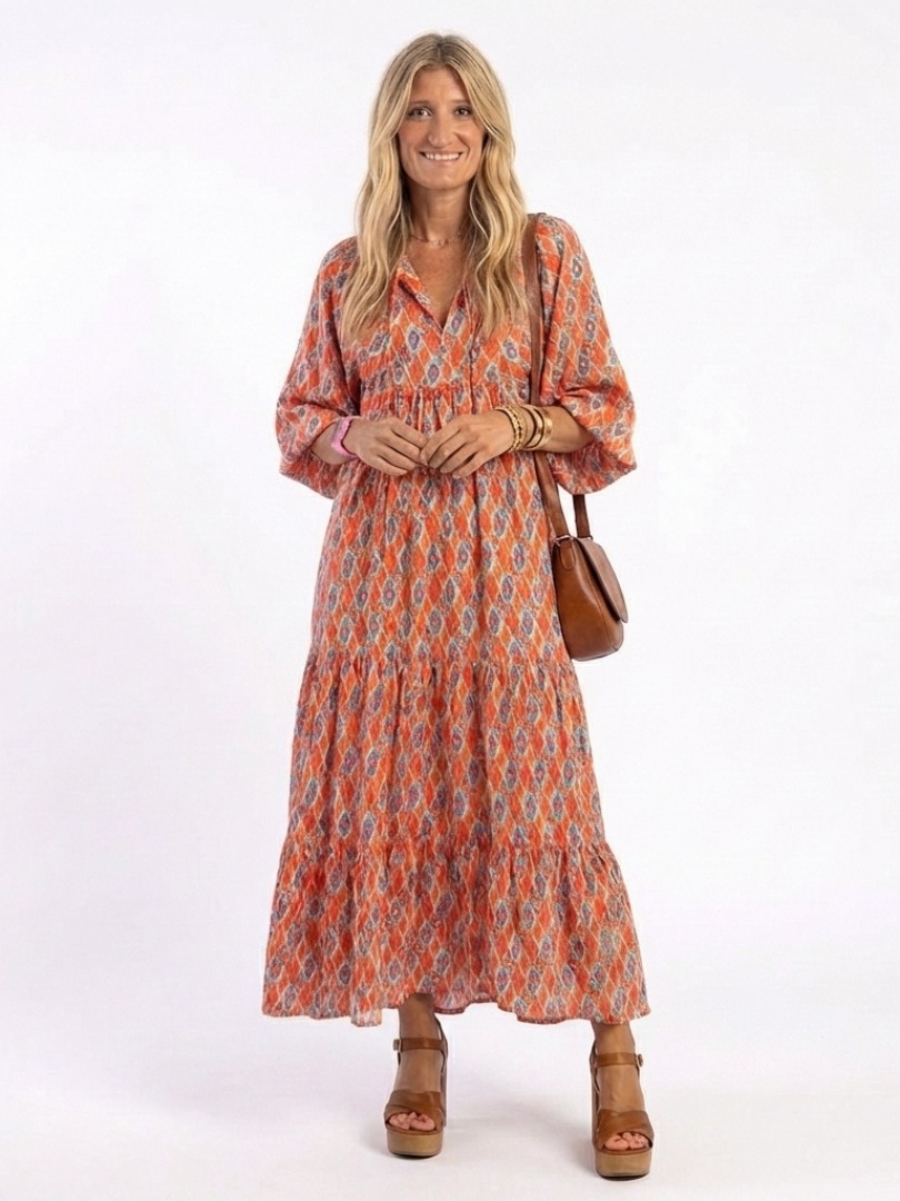 Tabitha – Geometric Print V-Neck Tiered Midi Dress
