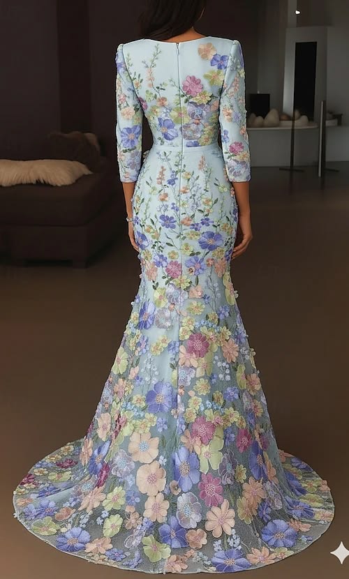A Line Floor Length Evening Gown Formal Dress Elegant Vintage Floral