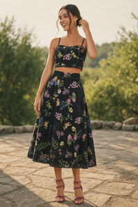 Black Floral Eyelet Two Piece Midi Dress for Summer Weddings