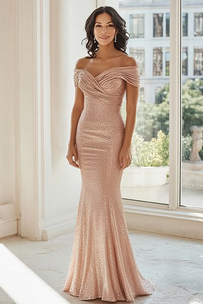 Sparkly Off The Shoulder Champagne Mother Of The Bride Dress