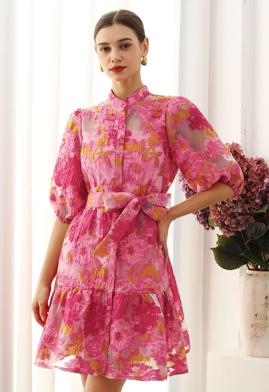 Floral Jacquard Puff Sleeves Organza Buttoned Belted Dolly Dress For