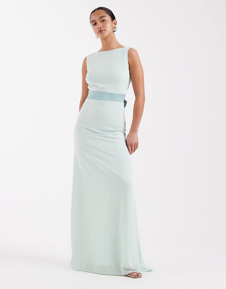 Tfnc Petite Bridesmaids Chiffon Maxi Dress With Satin Bow In Aqua