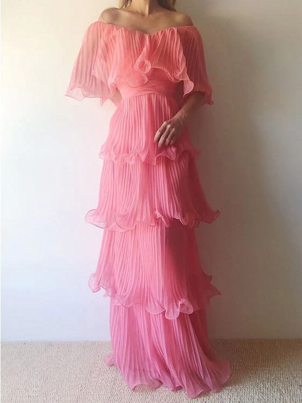 Elegant Pink Off The Shoulder Ruffled Tiered A Line Prom Dress,