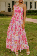 Pink Abstract Floral Print Shirred One Shoulder Maxi Dress Pink M